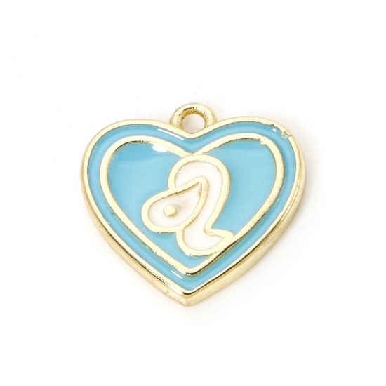 Picture of 2 PCs Brass Charms 18K Real Gold Plated Blue Heart Leo Sign Of Zodiac Constellations Enamel 13mm x 12mm