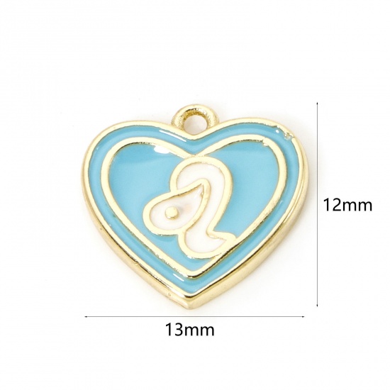 Picture of 2 PCs Brass Charms 18K Real Gold Plated Blue Heart Leo Sign Of Zodiac Constellations Enamel 13mm x 12mm