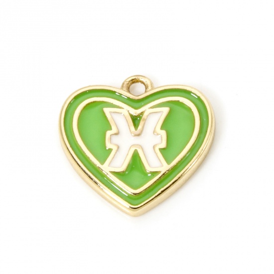 Picture of 2 PCs Brass Charms 18K Real Gold Plated Green Heart Pisces Sign Of Zodiac Constellations Enamel 13mm x 12mm