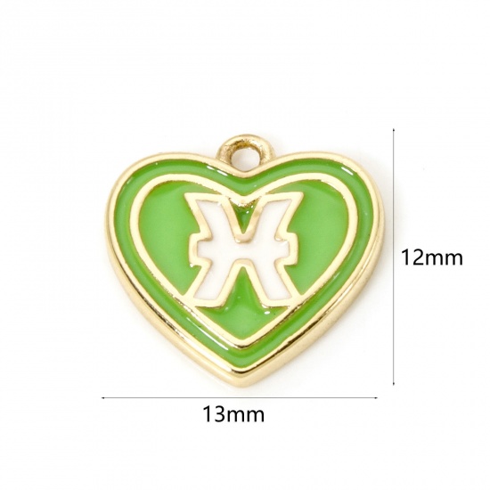 Picture of 2 PCs Brass Charms 18K Real Gold Plated Green Heart Pisces Sign Of Zodiac Constellations Enamel 13mm x 12mm