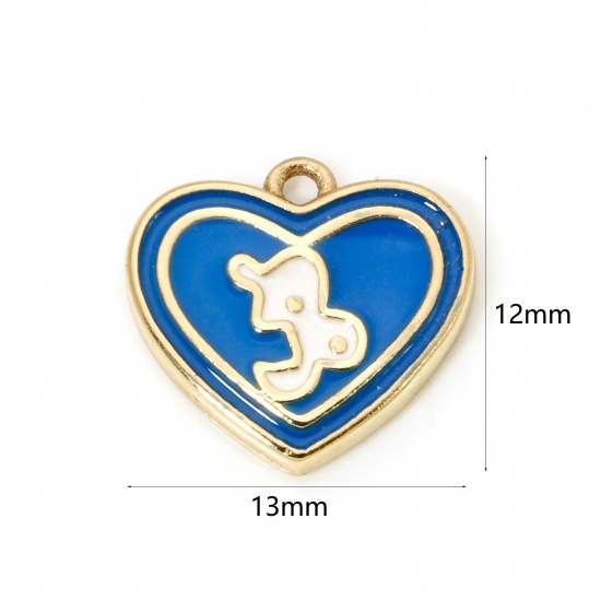 Picture of 2 PCs Brass Charms 18K Real Gold Plated Dark Blue Heart Capricornus Sign Of Zodiac Constellations Enamel 13mm x 12mm