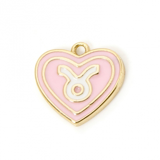 Picture of 2 PCs Brass Charms 18K Real Gold Plated Light Pink Heart Taurus Sign Of Zodiac Constellations Enamel 13mm x 12mm