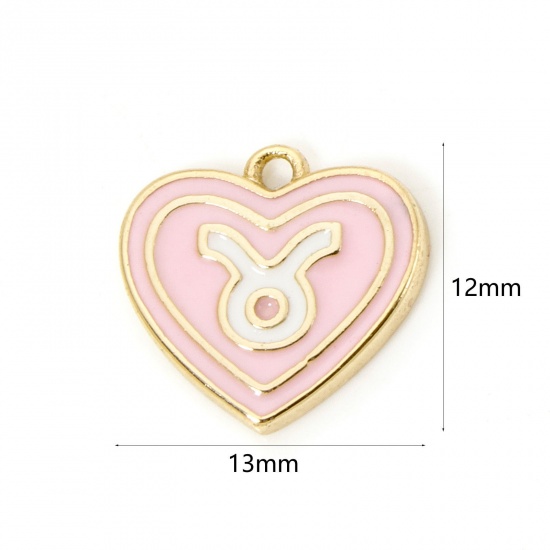 Picture of 2 PCs Brass Charms 18K Real Gold Plated Light Pink Heart Taurus Sign Of Zodiac Constellations Enamel 13mm x 12mm