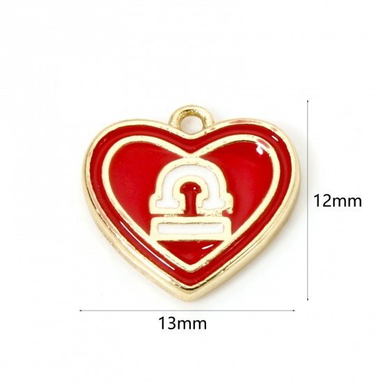 Picture of 2 PCs Brass Charms 18K Real Gold Plated Red Heart Libra Sign Of Zodiac Constellations Enamel 13mm x 12mm