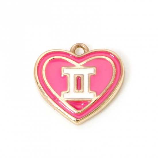 Picture of 2 PCs Brass Charms 18K Real Gold Plated Pink Heart Gemini Sign Of Zodiac Constellations Enamel 13mm x 12mm