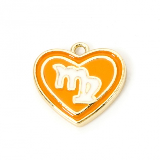 Picture of 2 PCs Brass Charms 18K Real Gold Plated Orange Heart Virgo Sign Of Zodiac Constellations Enamel 13mm x 12mm