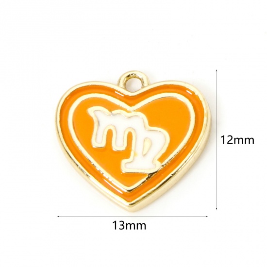 Picture of 2 PCs Brass Charms 18K Real Gold Plated Orange Heart Virgo Sign Of Zodiac Constellations Enamel 13mm x 12mm