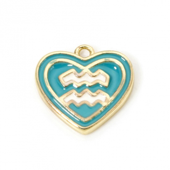 Picture of 2 PCs Brass Charms 18K Real Gold Plated Green Blue Heart Aquarius Sign Of Zodiac Constellations Enamel 13mm x 12mm