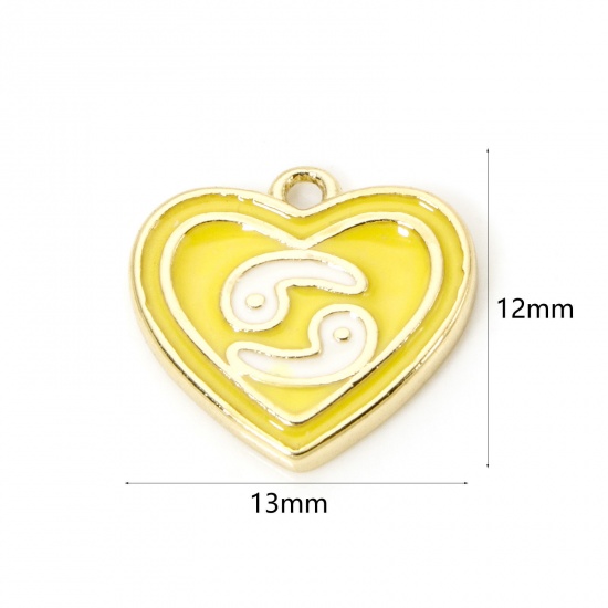 Picture of 2 PCs Brass Charms 18K Real Gold Plated Yellow Heart Cancer Sign Of Zodiac Constellations Enamel 13mm x 12mm