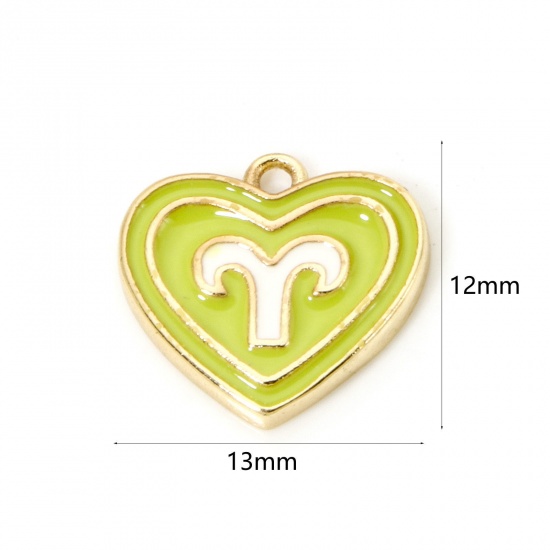 Picture of 2 PCs Brass Charms 18K Real Gold Plated Yellow-green Heart Aries Sign Of Zodiac Constellations Enamel 13mm x 12mm