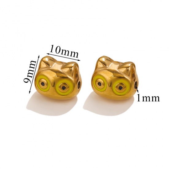 Immagine di 1 Piece Eco-friendly PVD Vacuum Plating 304 Stainless Steel Christmas Beads For DIY Jewelry Making Cat Animal 18K Gold Plated Yellow Enamel 10mm x 9mm