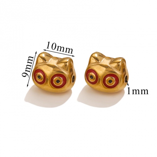 Immagine di 1 Piece Eco-friendly PVD Vacuum Plating 304 Stainless Steel Christmas Beads For DIY Jewelry Making Cat Animal 18K Gold Plated Red Enamel 10mm x 9mm