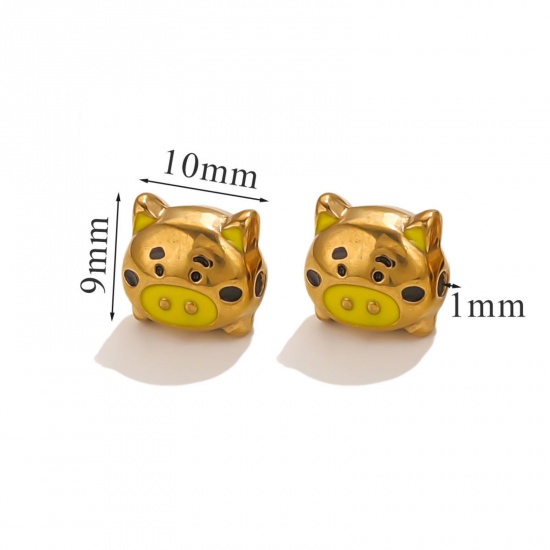 Immagine di 1 Piece Eco-friendly PVD Vacuum Plating 304 Stainless Steel Christmas Beads For DIY Jewelry Making Pig Animal 18K Gold Plated Yellow Enamel 10mm x 9mm