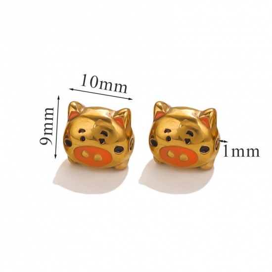 Immagine di 1 Piece Eco-friendly PVD Vacuum Plating 304 Stainless Steel Christmas Beads For DIY Jewelry Making Pig Animal 18K Gold Plated Orange Enamel 10mm x 9mm