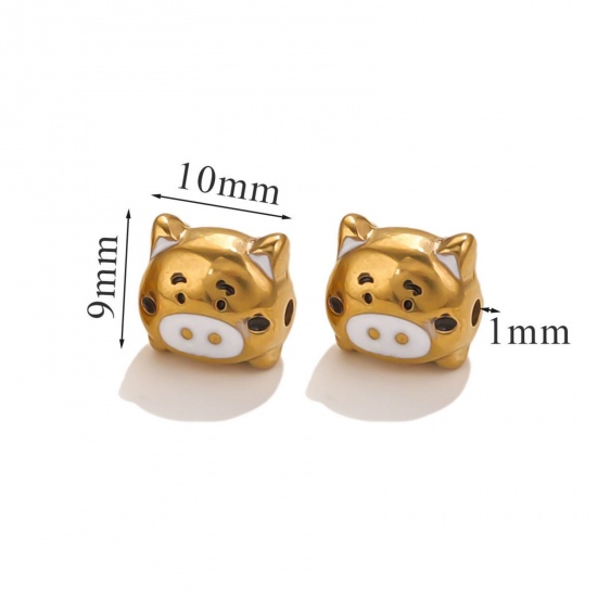 Immagine di 1 Piece Eco-friendly PVD Vacuum Plating 304 Stainless Steel Christmas Beads For DIY Jewelry Making Pig Animal 18K Gold Plated White Enamel 10mm x 9mm