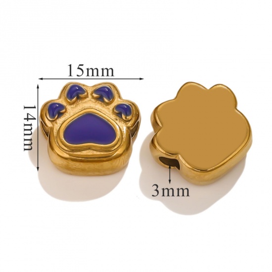 Immagine di 1 Piece Eco-friendly PVD Vacuum Plating 304 Stainless Steel Christmas Beads For DIY Jewelry Making Bear's Paw 18K Gold Plated Blue Enamel 15mm x 14mm