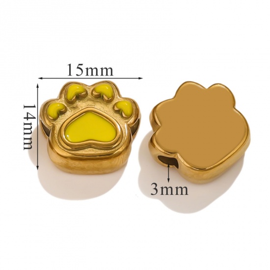 Immagine di 1 Piece Eco-friendly PVD Vacuum Plating 304 Stainless Steel Christmas Beads For DIY Jewelry Making Bear's Paw 18K Gold Plated Yellow Enamel 15mm x 14mm