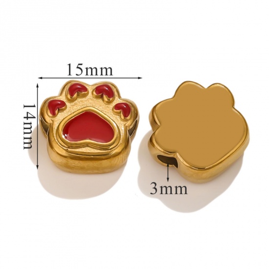 Immagine di 1 Piece Eco-friendly PVD Vacuum Plating 304 Stainless Steel Christmas Beads For DIY Jewelry Making Bear's Paw 18K Gold Plated Red Enamel 15mm x 14mm