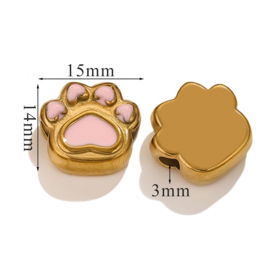 Immagine di 1 Piece Eco-friendly PVD Vacuum Plating 304 Stainless Steel Christmas Beads For DIY Jewelry Making Bear's Paw 18K Gold Plated Pink Enamel 15mm x 14mm