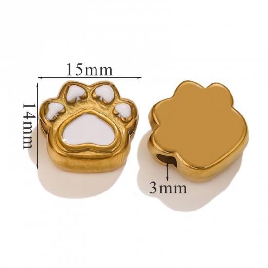 Immagine di 1 Piece Eco-friendly PVD Vacuum Plating 304 Stainless Steel Christmas Beads For DIY Jewelry Making Bear's Paw 18K Gold Plated White Enamel 15mm x 14mm