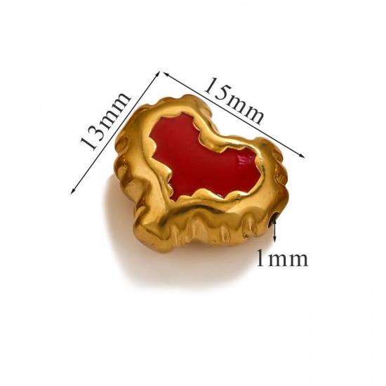 Immagine di 1 Piece Eco-friendly PVD Vacuum Plating 304 Stainless Steel Christmas Beads For DIY Jewelry Making Heart 18K Gold Plated Red Enamel 15mm x 13mm