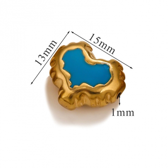 Immagine di 1 Piece Eco-friendly PVD Vacuum Plating 304 Stainless Steel Christmas Beads For DIY Jewelry Making Heart 18K Gold Plated Blue Enamel 15mm x 13mm