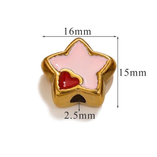 Immagine di 1 Piece Eco-friendly PVD Vacuum Plating 304 Stainless Steel Christmas Beads For DIY Jewelry Making Pentagram Star 18K Gold Plated Red & Pink Heart Enamel 16mm x 15mm