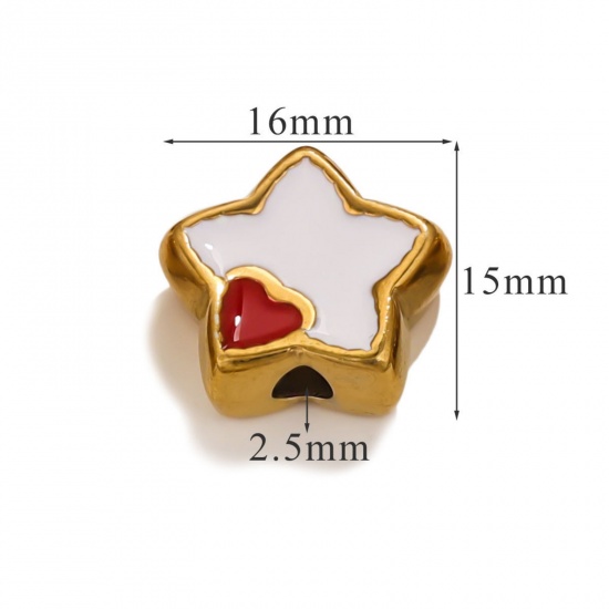 Immagine di 1 Piece Eco-friendly PVD Vacuum Plating 304 Stainless Steel Christmas Beads For DIY Jewelry Making Pentagram Star 18K Gold Plated White & Red Heart Enamel 16mm x 15mm