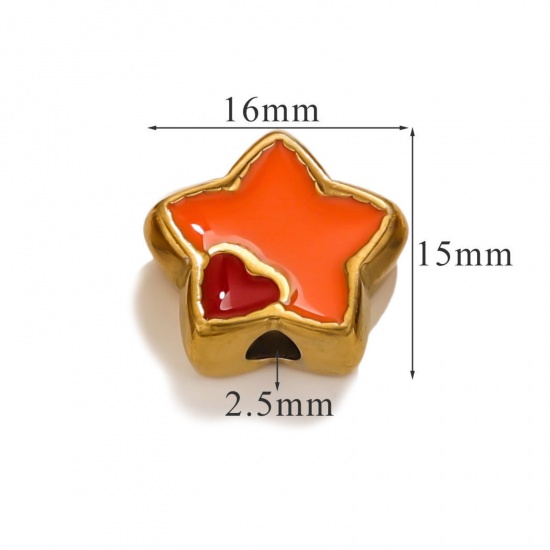 Immagine di 1 Piece Eco-friendly PVD Vacuum Plating 304 Stainless Steel Christmas Beads For DIY Jewelry Making Pentagram Star 18K Gold Plated Orange Heart Enamel 16mm x 15mm