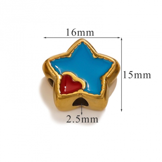 Immagine di 1 Piece Eco-friendly PVD Vacuum Plating 304 Stainless Steel Christmas Beads For DIY Jewelry Making Pentagram Star 18K Gold Plated Red & Blue Heart Enamel 16mm x 15mm