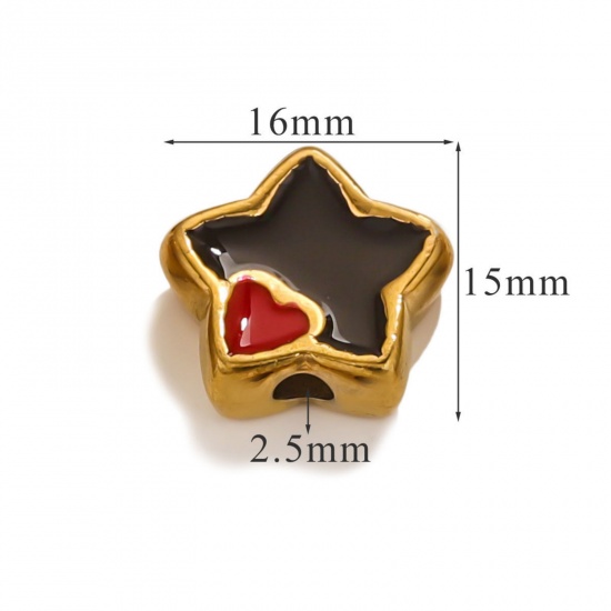 Immagine di 1 Piece Eco-friendly PVD Vacuum Plating 304 Stainless Steel Christmas Beads For DIY Jewelry Making Pentagram Star 18K Gold Plated Black & Red Heart Enamel 16mm x 15mm