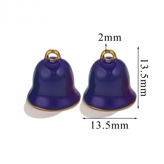 Picture of 1 Piece Vacuum Plating 304 Stainless Steel Charms Gold Plated Dark Blue Christmas Jingle Bell Enamel 13.5mm x 13.5mm