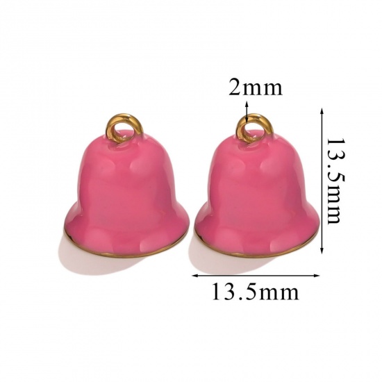 Picture of 1 Piece Vacuum Plating 304 Stainless Steel Charms Gold Plated Pink Christmas Jingle Bell Enamel 13.5mm x 13.5mm