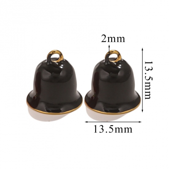 Picture of 1 Piece Vacuum Plating 304 Stainless Steel Charms Gold Plated Black Christmas Jingle Bell Enamel 13.5mm x 13.5mm