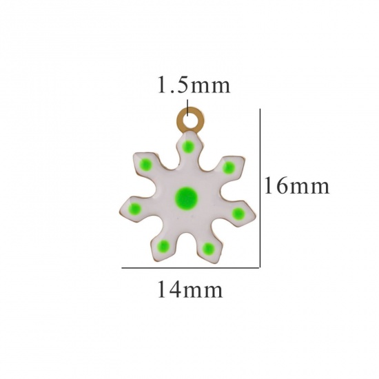 Picture of 2 PCs Vacuum Plating 304 Stainless Steel Charms Gold Plated White & Green Christmas Snowflake Enamel 14mm x 16mm