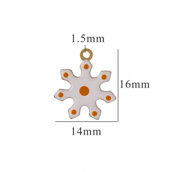 Picture of 2 PCs Vacuum Plating 304 Stainless Steel Charms Gold Plated White & Orange Christmas Snowflake Enamel 14mm x 16mm