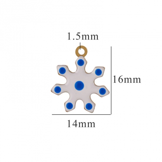 Picture of 2 PCs Vacuum Plating 304 Stainless Steel Charms Gold Plated White & Blue Christmas Snowflake Enamel 14mm x 16mm