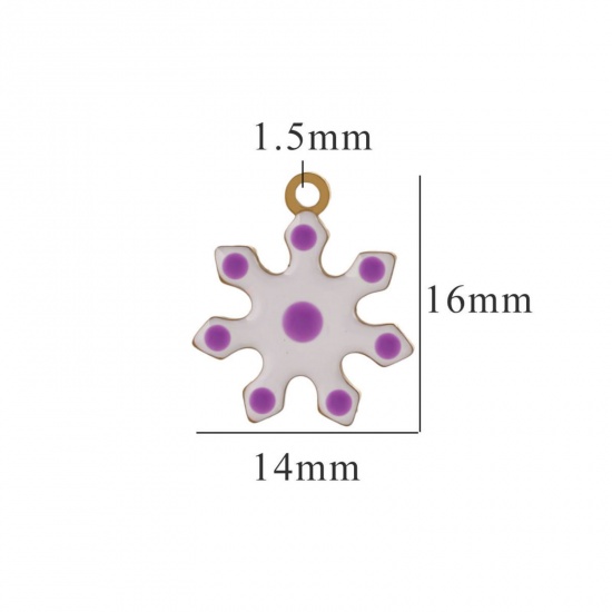 Picture of 2 PCs Vacuum Plating 304 Stainless Steel Charms Gold Plated White & Purple Christmas Snowflake Enamel 14mm x 16mm