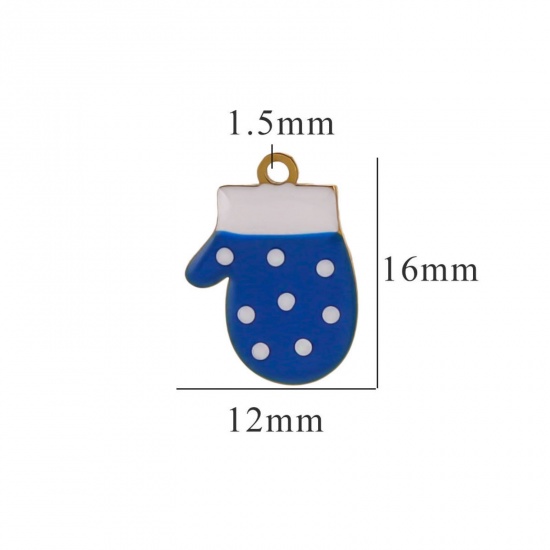 Picture of 2 PCs Vacuum Plating 304 Stainless Steel Charms Gold Plated Blue Christmas Gloves Enamel 12mm x 16mm