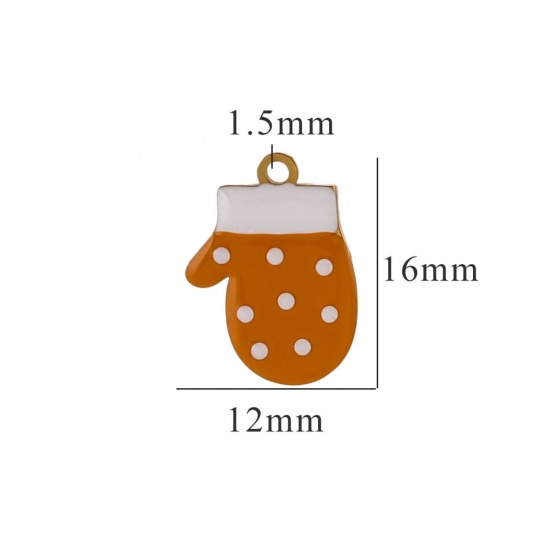 Picture of 2 PCs Vacuum Plating 304 Stainless Steel Charms Gold Plated Orange Christmas Gloves Enamel 12mm x 16mm