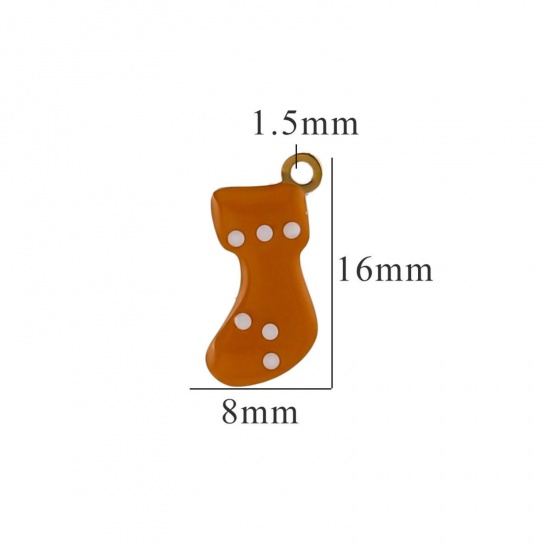 Picture of 2 PCs Vacuum Plating 304 Stainless Steel Charms Gold Plated Orange Christmas Stocking Enamel 8mm x 16mm