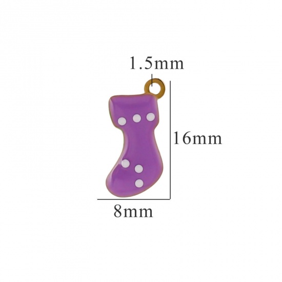 Picture of 2 PCs Vacuum Plating 304 Stainless Steel Charms Gold Plated Purple Christmas Stocking Enamel 8mm x 16mm