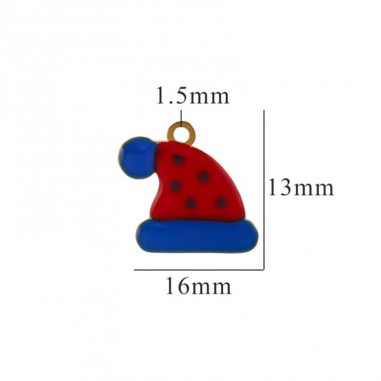 Picture of 2 PCs Vacuum Plating 304 Stainless Steel Charms Gold Plated Red & Blue Christmas Hats Enamel 16mm x 13mm