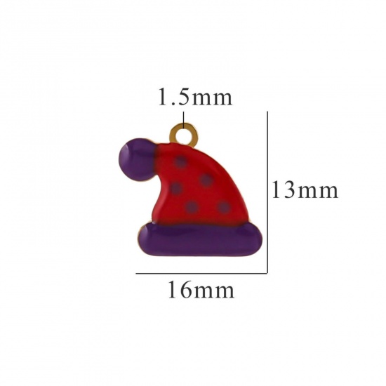 Picture of 2 PCs Vacuum Plating 304 Stainless Steel Charms Gold Plated Red & Purple Christmas Hats Enamel 16mm x 13mm