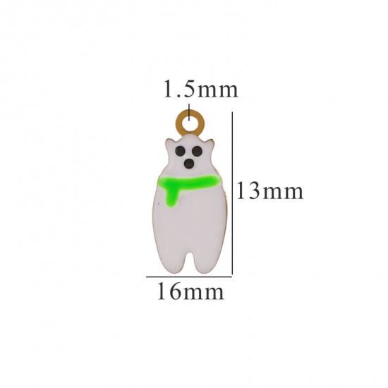 Picture of 2 PCs Vacuum Plating 304 Stainless Steel Charms Gold Plated White & Green Christmas Snowman Enamel 16mm x 13mm