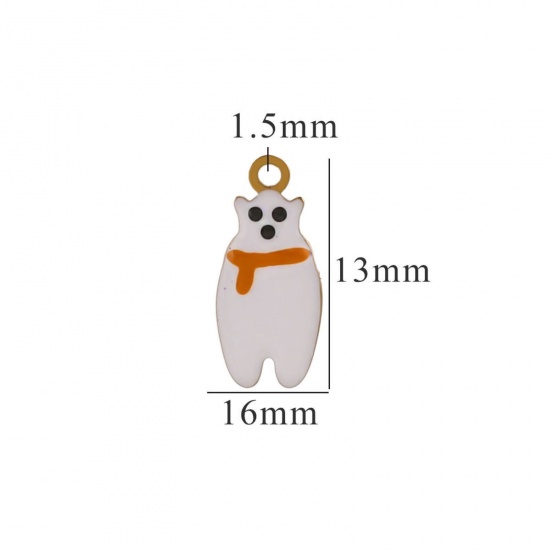 Picture of 2 PCs Vacuum Plating 304 Stainless Steel Charms Gold Plated White & Orange Christmas Snowman Enamel 16mm x 13mm