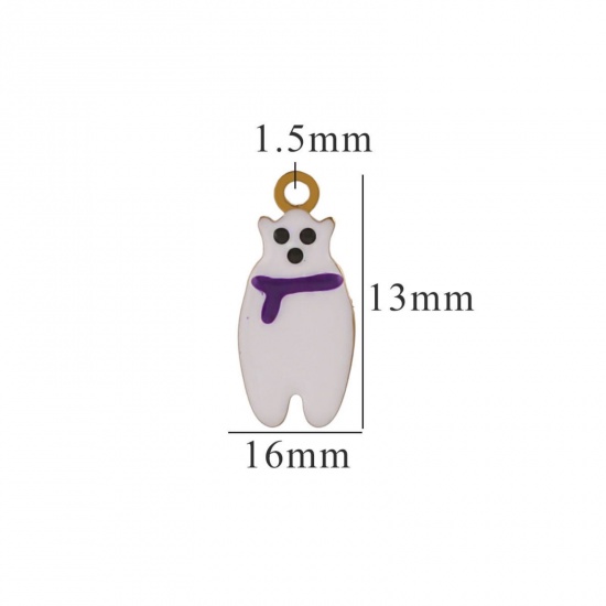 Picture of 2 PCs Vacuum Plating 304 Stainless Steel Charms Gold Plated White & Purple Christmas Snowman Enamel 16mm x 13mm