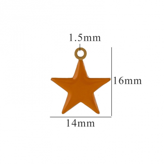 Picture of 2 PCs Vacuum Plating 304 Stainless Steel Charms Gold Plated Orange Pentagram Star Enamel 14mm x 16mm