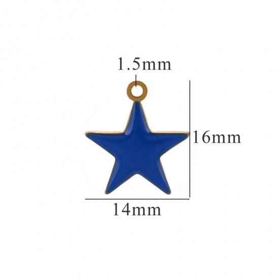 Picture of 2 PCs Vacuum Plating 304 Stainless Steel Charms Gold Plated Blue Pentagram Star Enamel 14mm x 16mm