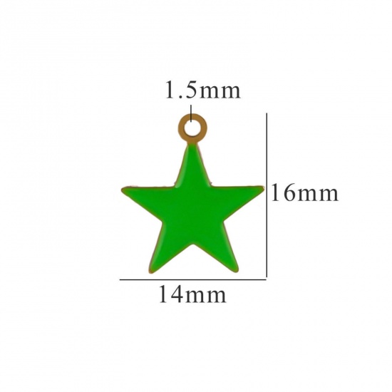 Picture of 2 PCs Vacuum Plating 304 Stainless Steel Charms Gold Plated Green Pentagram Star Enamel 14mm x 16mm